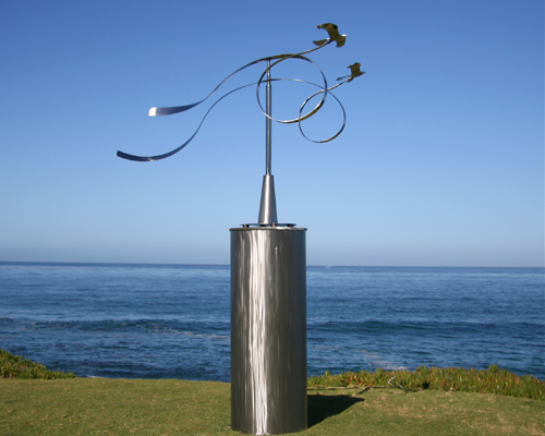 Kinetic sculpture by Amos Robinson "Crossing Paths" contemporary art stainless steel