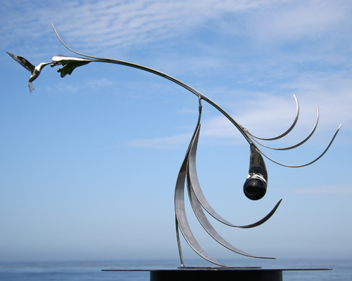 Kinetic sculpture by Amos Robinson hummingbird "The Kiss I" contemporary art stainless steel