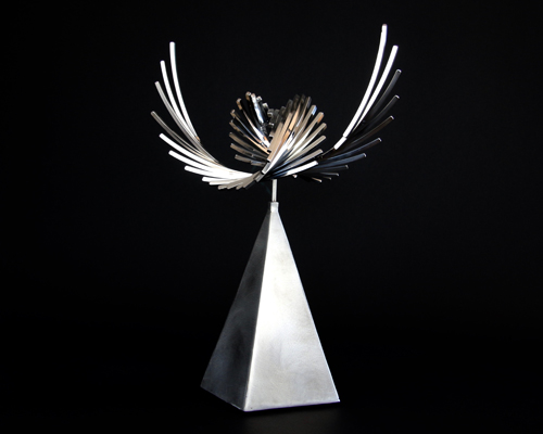 Kinetic sculpture "Guardian Angel" by Amos Robinson contemporary art stainless steel