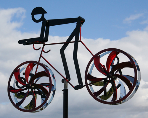 Kinetic bicycle sculpture by Amos Robinson "Personal Best-Triathlete" contemporary art stainless steel