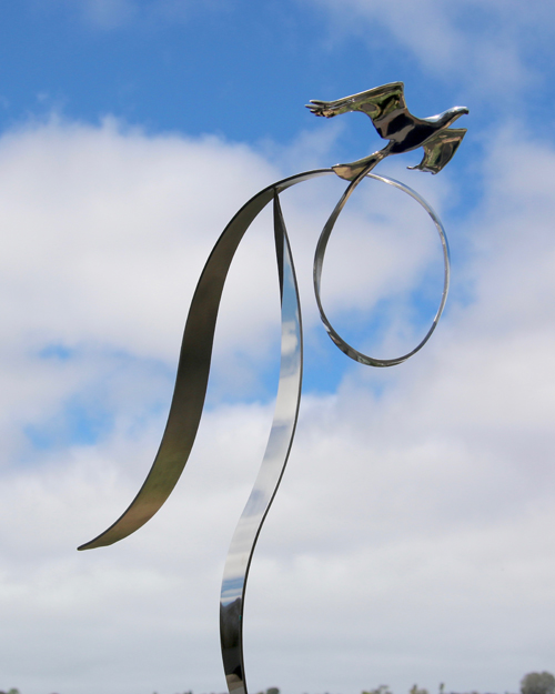 Kinetic bird sculpture by Amos Robinson "High Flyer" contemporary art stainless steel