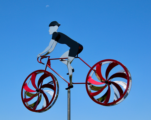 Kinetic art by Amos Robinson Road Racer Male Cyclist stainless steel contemporary art
