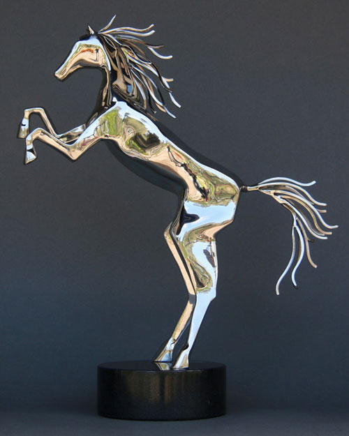 Sculpture by Amos Robinson Spirit Horse with down tail contemporary art stainless steel