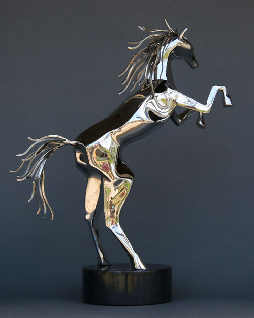 Sculpture by Amos Robinson Spirit Horse with down tail contemporary art stainless steel