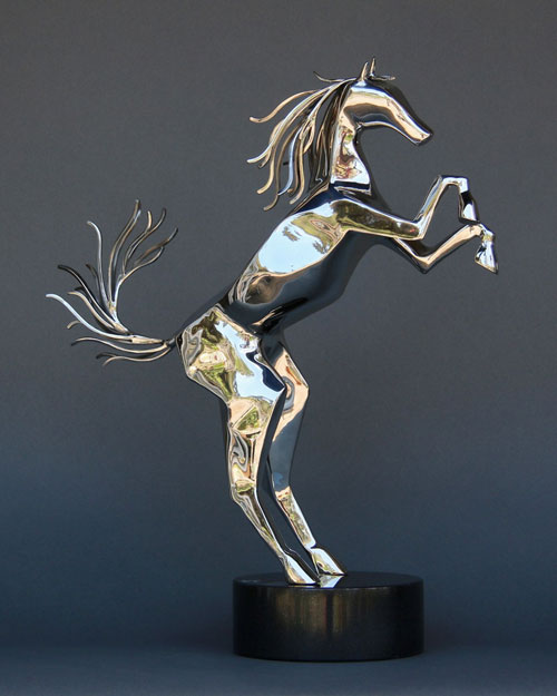 Sculpture by Amos Robinson Spirit Horse with up tail contemporary art stainless steel