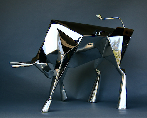 Contemporary art by Amos Robinson Spirit Bull sculpture stainless steel