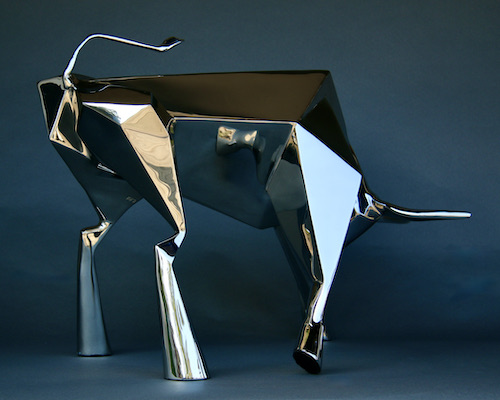 Contemporary art by Amos Robinson Spirit Bull sculpture stainless steel