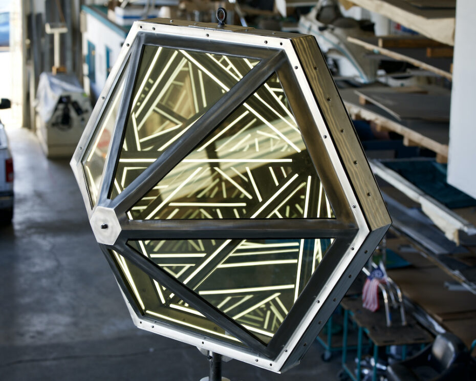 Kinetic art by Amos Robinson Beacon-Escondido stainless steel LED light mirrored glass contemporary art
