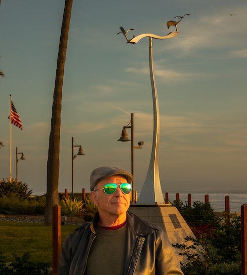 Kinetic art by Amos Robinson Crossing Paths-Coronado Shores stainless steel contemporary art
